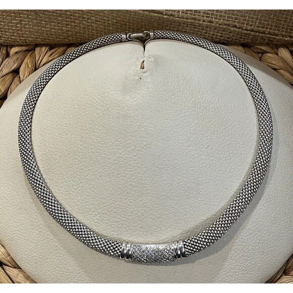 Beautiful Sterling Silver Italy Mesh Style CZ Choker Necklace 16in Party Wedding - Picture 2 of 12